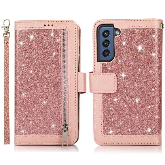 Galaxy S21 FE Case Wallet with Card Holder, Dteck Bling Glitter Leather Magnetic Stand Flip Case Zipper Purse Handbag Clutch with 9 Card Slots & Strap for Samsung Galaxy S21 FE 5G, Pink