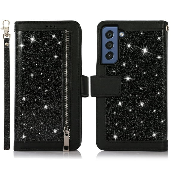 Galaxy S21 FE Case Wallet with Card Holder, Dteck Bling Glitter Leather Magnetic Stand Flip Case Zipper Purse Handbag Clutch with 9 Card Slots & Strap for Samsung Galaxy S21 FE 5G, Black