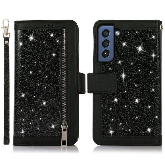 Galaxy S21 FE Case Wallet with Card Holder, Dteck Bling Glitter Leather Magnetic Stand Flip Case Zipper Purse Handbag Clutch with 9 Card Slots & Strap for Samsung Galaxy S21 FE 5G, Black