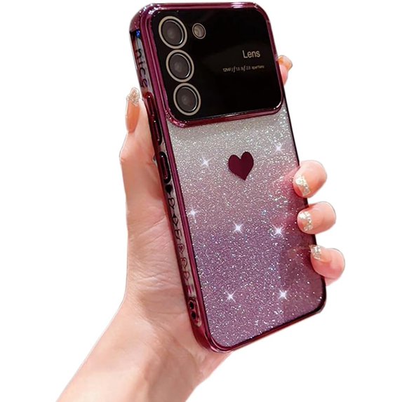 Galaxy S21 FE Case for Women Girls with Integrated Camera Lens Protector Glitter Sparkly Bling Clear Cute Plated Shockproof Protective Cover Phone Case for Samsung Galaxy S21 FE 6.4"-Purple