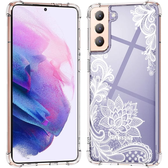 Galaxy S21 Glitter Case Clear with Lace Flower Design Shockproof Bumper Protective Cell Phone Back Cover for Samsung Galaxy S21 5G Girls Women 4 Corners White Floral Shiny Sparkle Slim Fit Skin