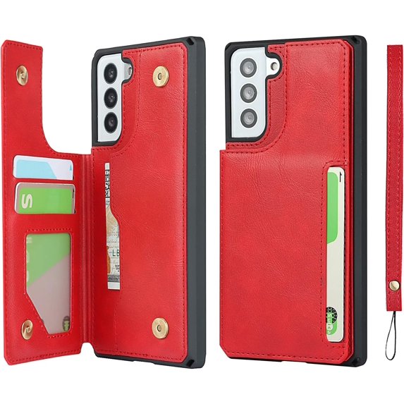 Galaxy S21 Plus 5G Credit Card Holder Case,Cash Slots,Double Magnetic Buttons Stand Function Soft TPU Back Wallet Case Flip Wrist Strap PU Leather Case for Samsung Galaxy S21 Plus 5G 6.7",Red