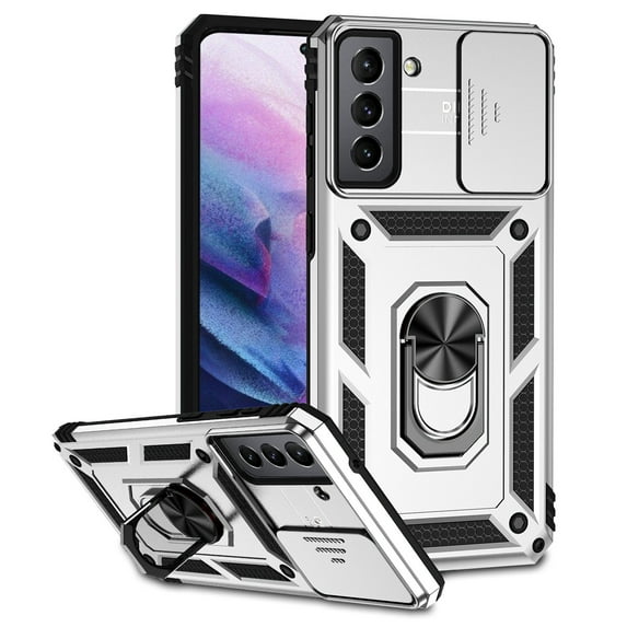 Galaxy S21 Plus Case,Dteck Shockproof Rubber Rugged Case Hybrid Hard Ring Holder Kickstand Slide Camera Lens Protector Cover for Samsung Galaxy S21 Plus,Silver