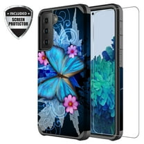 Galaxy S21 Plus Case with Screen Protector for Girls Women, Dual Layer Heavy Duty Protective Phone Cover Cases for Galaxy S21 Plus/S21 - Blue Butterfly