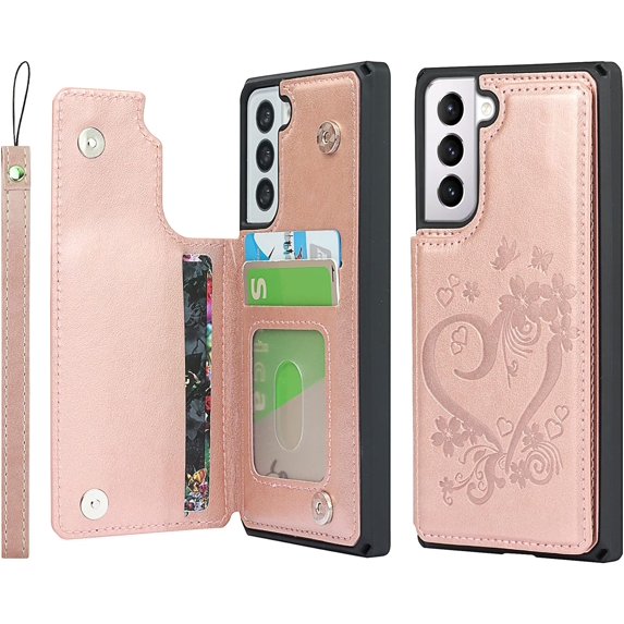 for Galaxy S21 Plus /S21+ Wallet Case with RFID Blocking Card Holder for Girls Women,PU Leather Double Magnetic Buttons Stand Wrist Strap Case for Samsung Galaxy S21 Plus 5G,Heart Rosegold