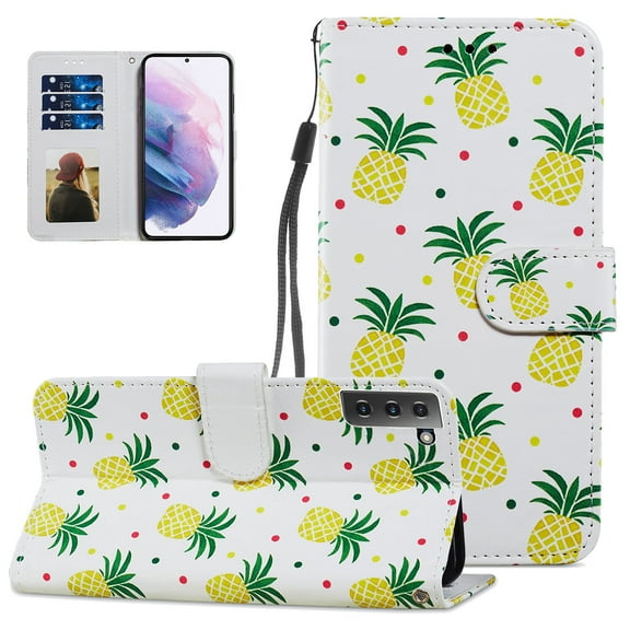 Galaxy S21 Plus Wallet Case with Card Holder, Allytech Premium Colorful PU Leather Magnetic Button Flip Shockproof Detachable Hand Strap Stand Case for Samsung Galaxy S21+ 5G 6.7" 2021, Cute Pineapple