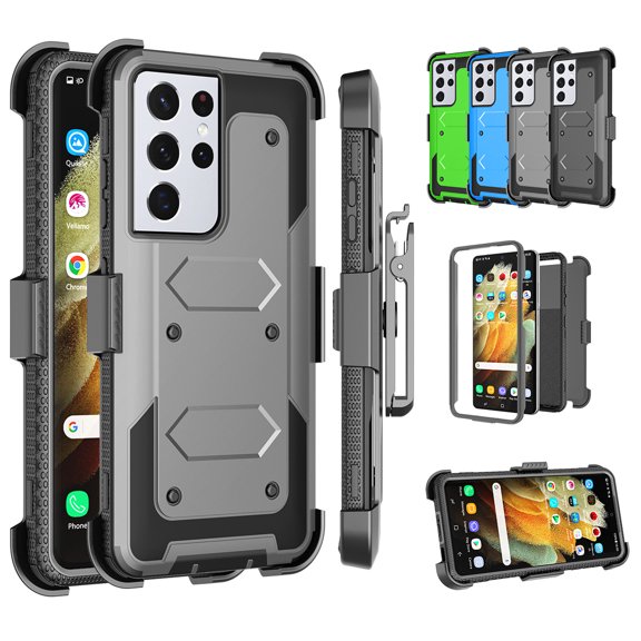 Galaxy S21 Ultra Case Clip Belt Holster, TakFox Shockproof Swivel Defender Heavy Duty Armor Protective Hard Cases With Kickstand Protector Rugged Cover Shell For Samsung Galaxy S21 Ultra - Grey