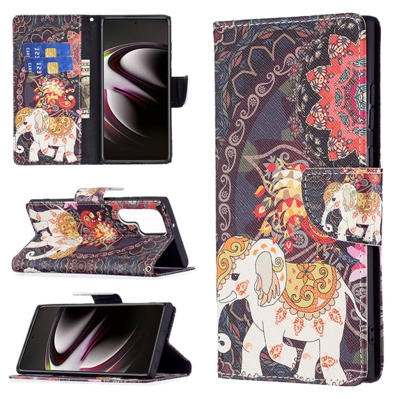 Galaxy S21 Ultra Case Cute Embossed Pattern Premium Leather Wallet Cover Flip Stand Credit Card Slots Pocket Holder Magnetic Closure Folio Case for Samsung Galaxy S21 Ultra, Flower Elephant