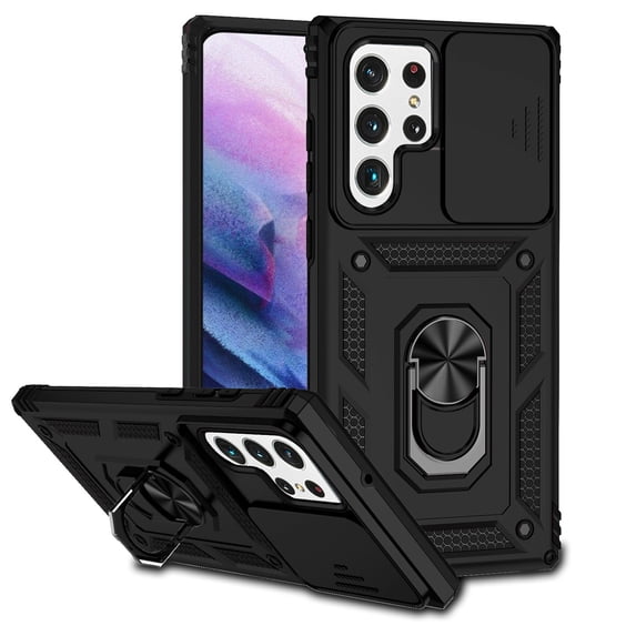 Galaxy S21 Ultra Kickstand Armor Case with Slide Camera Lens Protection Cover Built-in 360° Rotate Ring Holder Stand Magnetic Military Shockproof Phone Cover Case for Samsung Galaxy S21 Ultra,
Black