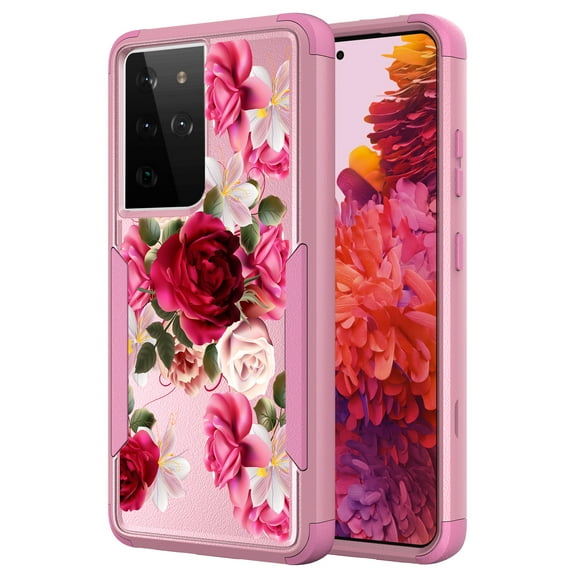 Galaxy S21 Ultra SM-G998 Case , [ Red Floral Rose ] Shockproof Heavy Duty Armor Protective Phone Cases Hard Rugged Bumper Cover for Samsung Galaxy S21 Ultra SM-G998