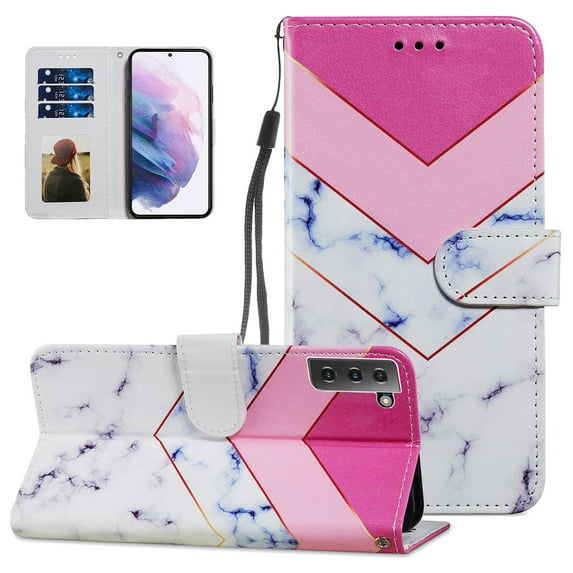 Galaxy S21 Ultra Wallet Case with Card Holder, Allytech Premium Colorful PU Leather Magnetic Button Shockproof Detachable Hand Strap Stand Case for Samsung S21 Ultra 5G 6.8" 2021, Pink White Marble