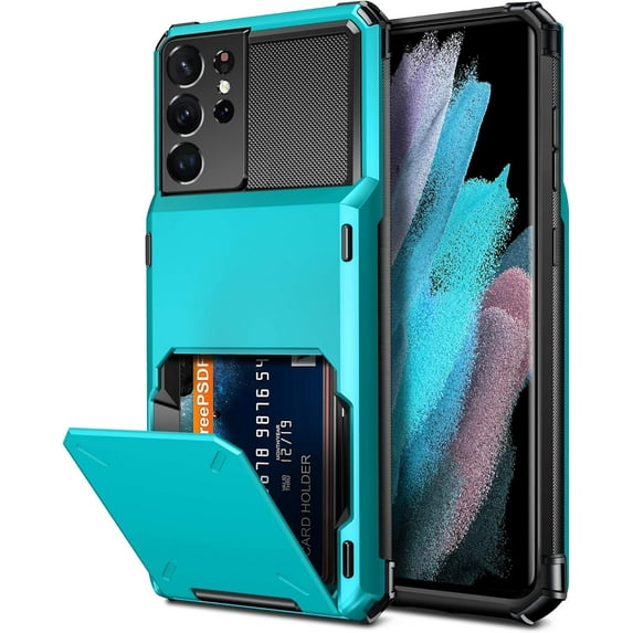 for Galaxy S21 Ultra Wallet Case Credit Card Holder 4-Card Flip Men Women Cover Slot Back Pocket Dual Layer Protective Hybrid Hard Shell Bumper Armor Case for Samsung S21 Ultra 6.8 Light Blue
