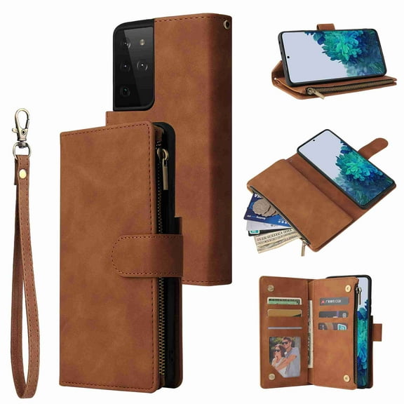 Galaxy S21 Ultra Wallet Case, Dteck Soft Leather Zipper Wallet Case Magnetic Buckle Horizontal Flip Cover with 5 Card Slots/Photo Pocks for Samsung Galaxy S21 Ultra, Brown