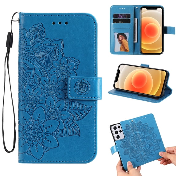 Galaxy S21 Ultra Wallet Case for Samsung Galaxy S21 Ultra 5G(6.8" 2021), Allytech Embossed Floral PU Leather Shockproof Flip Stand Wristlet Credit Card Slots Holder Cover for Galaxy S21 Ultra, Blue