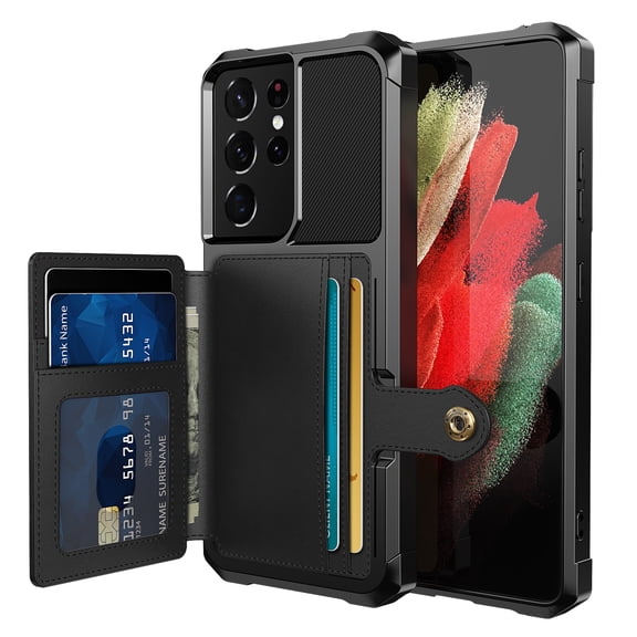Galaxy S21 Ultra Wallet Case, Shockproof Rubber Card Holder Wallet PU Leather Back Phone Case Kickstand Protective Scratch Hybrid Bumper Shell for Samsung Galaxy S21 Ultra 6.8 inch 2021, Black