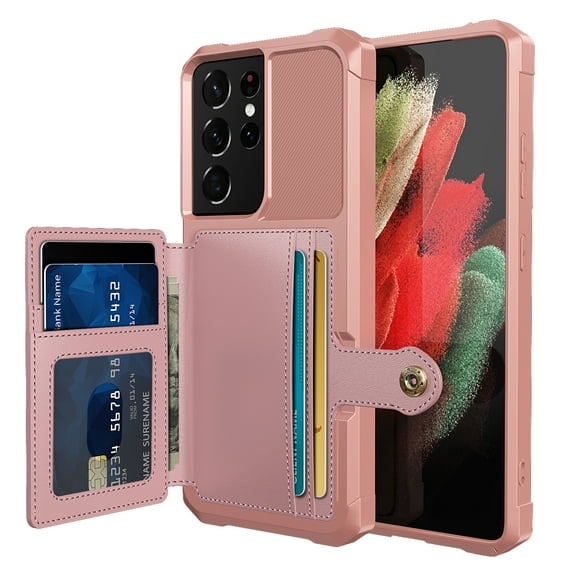 Galaxy S21 Ultra Wallet Case, Shockproof Rubber Card Holder Wallet PU Leather Back Phone Case Kickstand Protective Scratch Hybrid Bumper Shell for Samsung Galaxy S21 Ultra 6.8 inch 2021, Rosegold