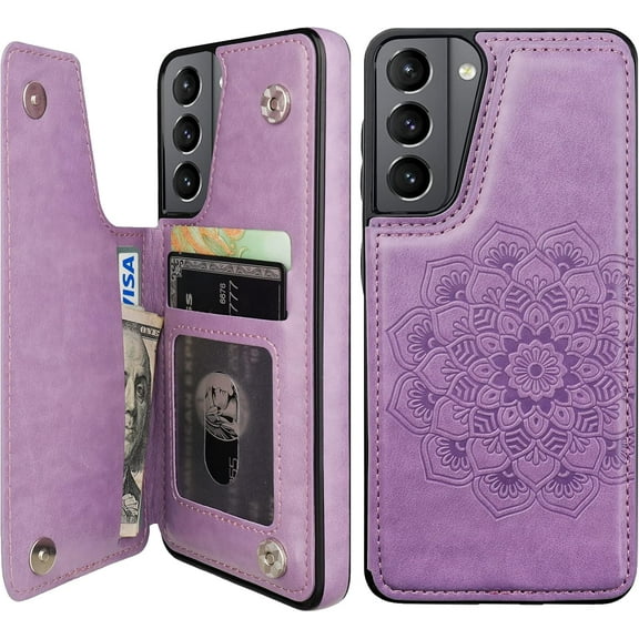 for Galaxy S21 Wallet Case with Card Holder, Embossed Mandala Pattern Premium PU Leather Double Magnetic Buttons Flip Protective Case for Samsung Galaxy S21(6.2",Purple)