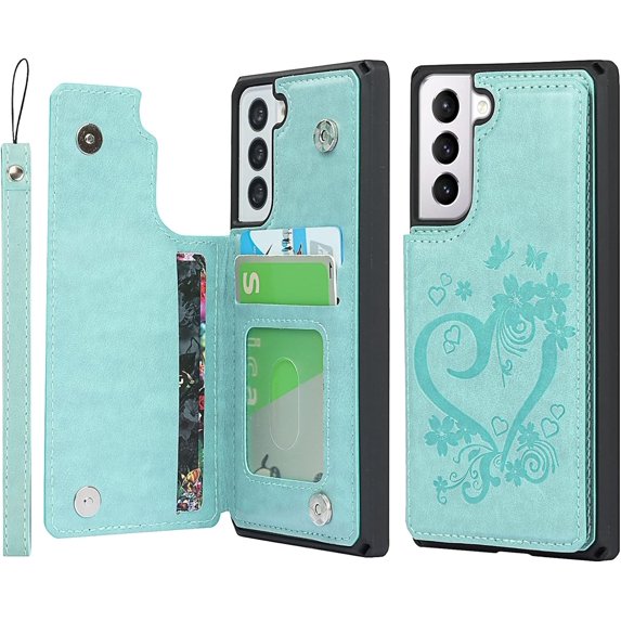 for Galaxy S21 Wallet Case with RFID Blocking Card Holder for Girls Women,Premium PU Leather Double Magnetic Buttons Stand Wrist Strap Case for Samsung Galaxy S21 5G 6.2 Inch,Heart Green