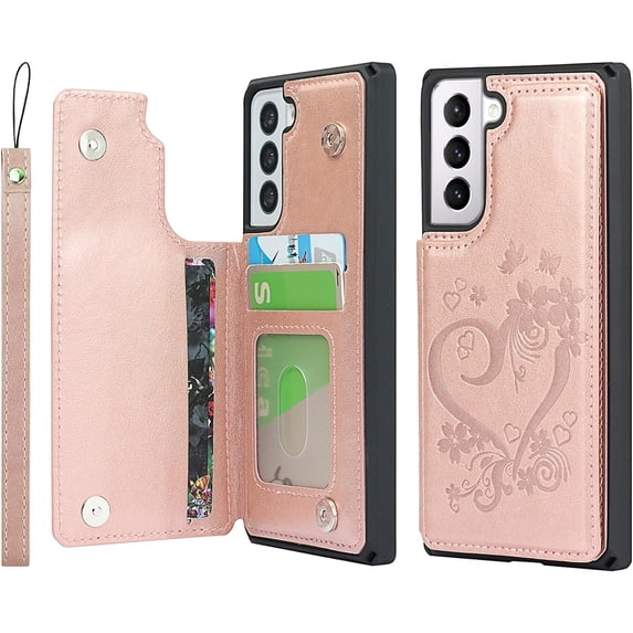 for Galaxy S21 Wallet Case with RFID Blocking Card Holder for Girls Women,Premium PU Leather Double Magnetic Buttons Stand Wrist Strap Case for Samsung Galaxy S21 5G 6.2 Inch,Heart Rosegold