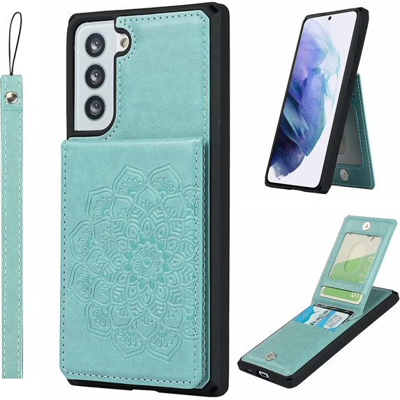 for Galaxy S21 Wallet Case with RFID Blocking Card Holder for Girls Women,Premium PU Leather Magnetic Buttons Portrait Stand Wrist Strap Case for Samsung Galaxy S21 5G 6.2 Inch,Mandala Green