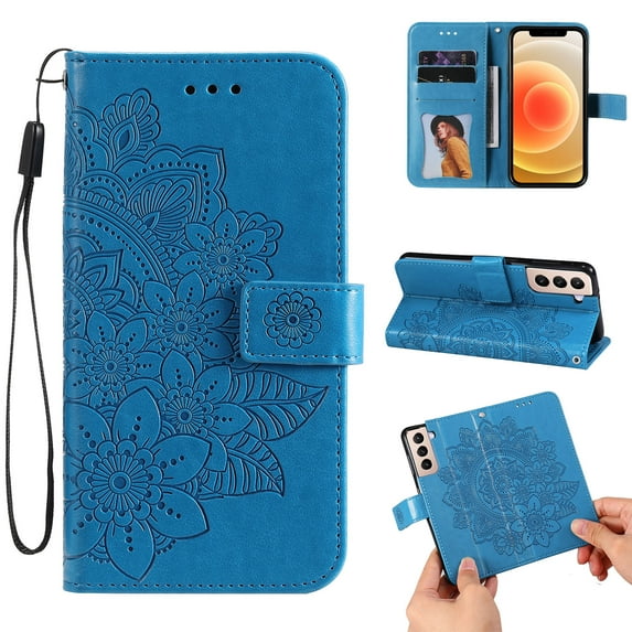 Galaxy S21 Wallet Case for Samsung Galaxy S21 5G(6.2 inch, 2021 Release), Allytech Embossed Floral PU Leather Shockproof Flip Stand Wristlet Credit Card Slots Holder Cover for Galaxy S21, Blue