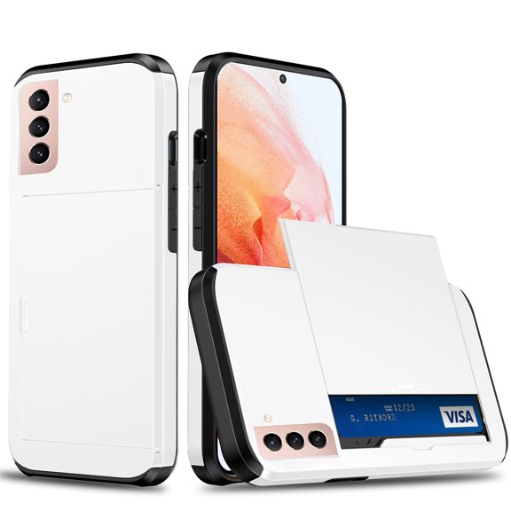 for Galaxy S21 Wallet Case with Sliding Door Hidden Pocket Credit Card Holder Dual Layer Heavy Duty Shockproof Hard PC Hybrid TPU Flip Protective Cover for Samsung Galaxy S21, White