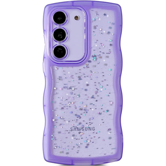 for Galaxy S22 5G Case 6.1",Curly Wavy Anti-Slip Grip Design Transparent Bling Glitter Star Shiny Case Cute Clear Sparkly Bumper Protection Soft Phone Cover Case for Women Girls,Purple