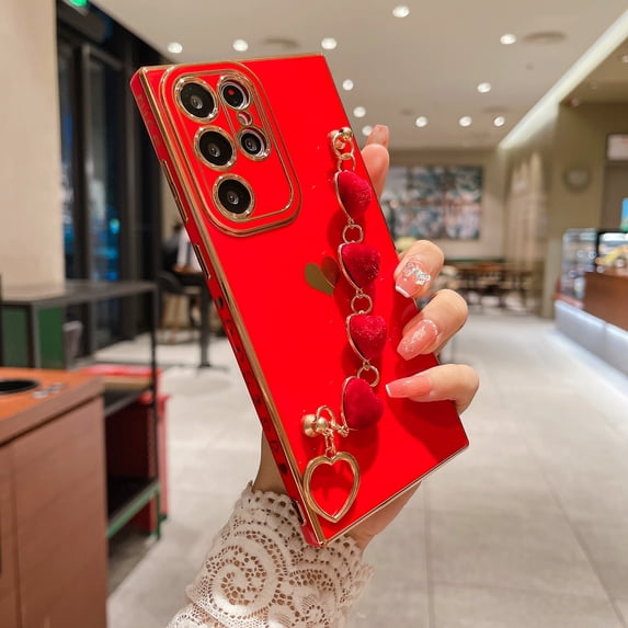 for Galaxy S22 Case with Love Heart Bracelet Luxury Cute Hearts Cover with Metal Chain Strap Gold Plated with Side Love Pattern Soft Shockproof Bumper For Samsung Galaxy S22, Red