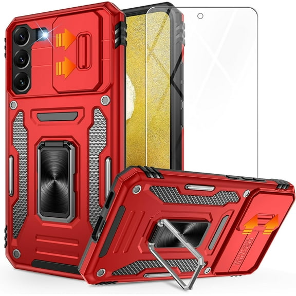 Galaxy S22 Case, S22 Case with Slide Camera Cover and HD Screen Protector, Shockproof Samsung S22 Case with 360° Magnetic Ring Holder Kickstand Phone Case for Samsung S22 Red