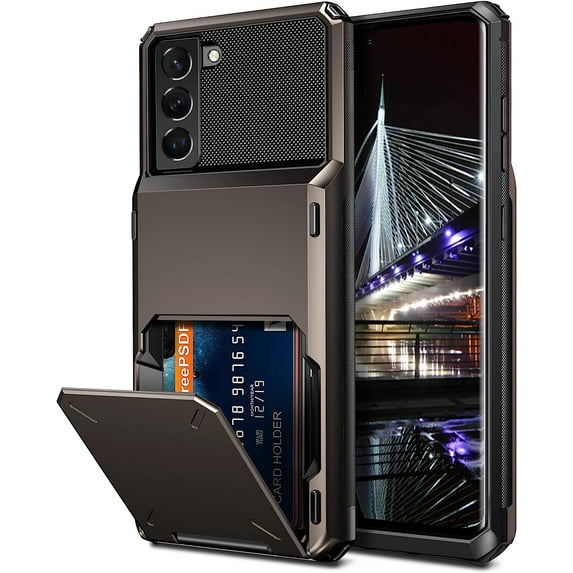 for Galaxy S22 Case Wallet Credit Card Holder 4-Card Slot Hidden Back Pocket Dual Layer Hybrid Rugged Rubber Bumper Protective Hard Shell Cover for Samsung Galaxy S22 Gun
