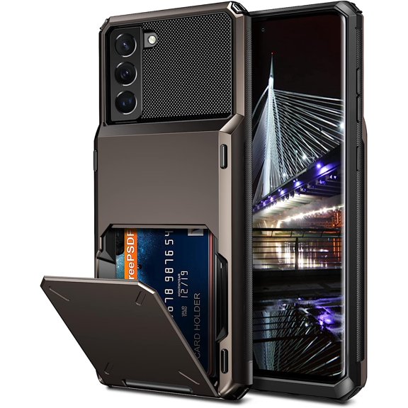 for Galaxy S22 Case Wallet Credit Card Holder 4-Card Slot Hidden Back Pocket Dual Layer Hybrid Rugged Rubber Bumper Protective Hard Shell Cover for Samsung Galaxy S22 Gun