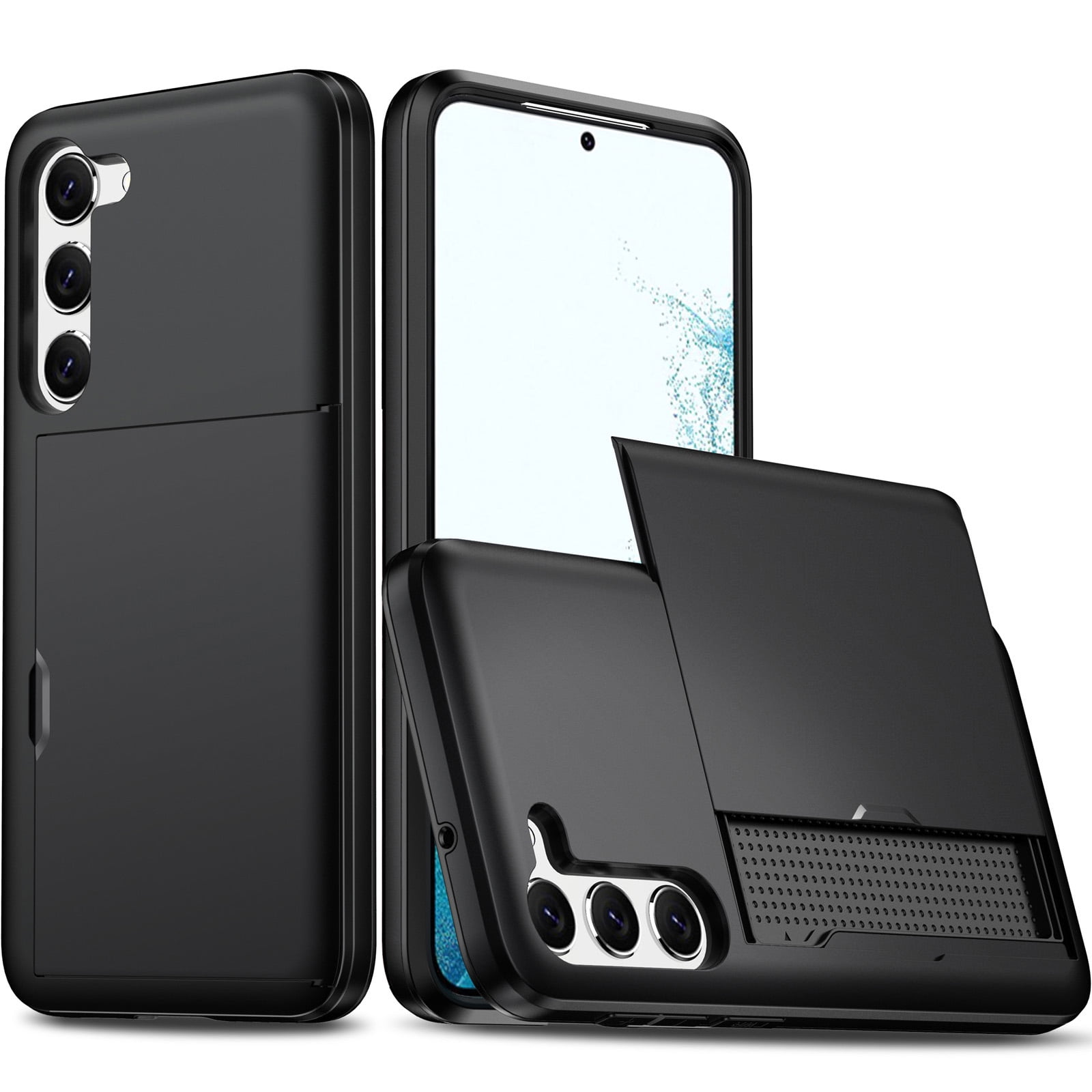For Galaxy S22 Case Wallet with Slide Card Holder Slot Slim Dual Layer Heavy Duty Shockproof Hard PC Hybrid TPU Phone Case Flip Protective Cover for Samsung Galaxy S22, Black