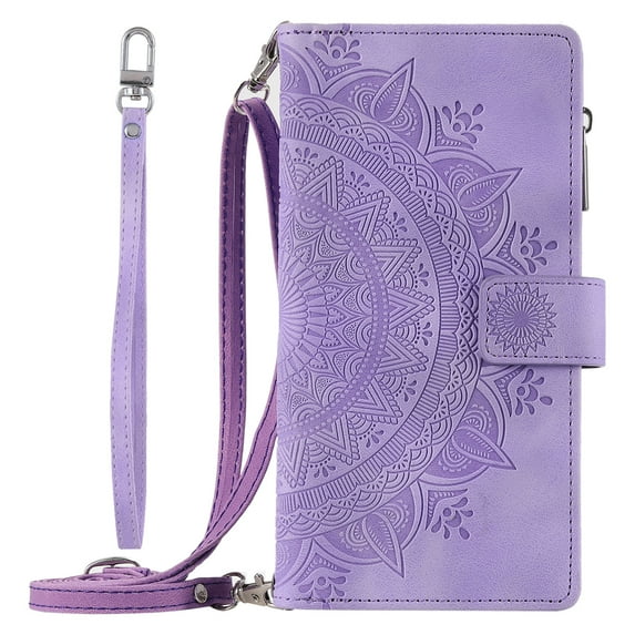 Galaxy S22 Case Zipper Wallet, Dteck Embossed PU Leather Folio Case with 8 Card Slots Wrist Lanyard Shoulder Strap Stand Cover for Samsung Galaxy S22, Purple