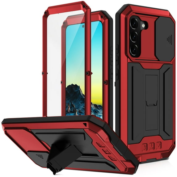 Galaxy S22 Plus 5G Case with Built-in Glass Screen Protector, Allytech Hard PC and Shockproof TPU Life Waterproof Slide Camera Lens Protective Kickstand Cover for Samsung Galaxy S22 Plus 2022, Red