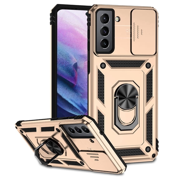 Galaxy S22 Plus Case,Dteck Shockproof Rubber Rugged Case Hybrid Hard Ring Holder Kickstand Slide Camera Lens Protector Cover for Samsung Galaxy S22 Plus,Gold