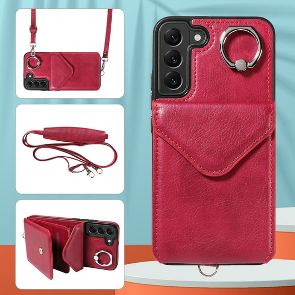 Galaxy S22 Plus Case with Ring Holder Stand, Allytech Classic PU Leather Back Cover with Cards Holder Shockproof Detachable Shoulder Strap Wallet Case for Samsung Galaxy S22 Plus - Red