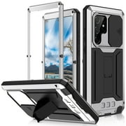 Galaxy S22 Ultra 5G Case with Built-in Glass Screen Protector,Allytech Hard PC and Shockproof TPU Life Waterproof Slide Camera Lens Protective Kickstand Cover for Samsung Galaxy S22 Ultra 2022, Silver