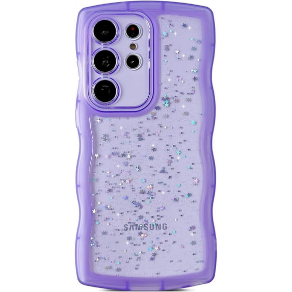 for Galaxy S22 Ultra Case 6.8",Curly Wavy Anti-Slip Grip Design Transparent Bling Glitter Star Shiny Case Cute Clear Sparkly Bumper Protection Soft Phone Cover Case for Women Girls, Purple