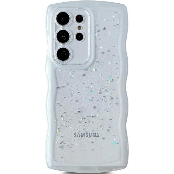 for Galaxy S22 Ultra Case 6.8",Curly Wavy Anti-Slip Grip Design Transparent Bling Glitter Star Shiny Case Cute Clear Sparkly Bumper Protection Soft Phone Cover Case for Women Girls, Clear