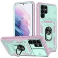 thumbnail image 1 of Galaxy S22 Ultra Case,Dteck Shockproof Rubber Slide Camera Lens Protection Hybrid PC Ring Holder Kickstand Card Slot Design Cover For Samsung Galaxy S22 Ultra 5G,Green+Pink, 1 of 9