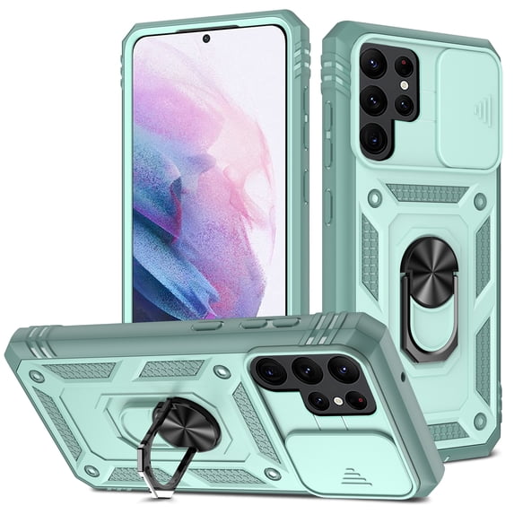 Galaxy S22 Ultra Case,Dteck Shockproof Rubber Slide Camera Lens Protection Hybrid PC Ring Holder Kickstand Card Slot Design Cover For Samsung Galaxy S22 Ultra 5G,Green
