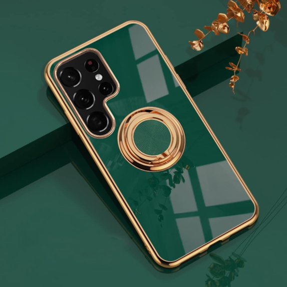 for Galaxy S22 Ultra Case with Ring, Built-in Rotation Finger Ring Kickstand Cover with Shiny Plating Rose Gold Edge Work with Magnetic Car Mount Slim Thin Bumper Case for Women Girls Green