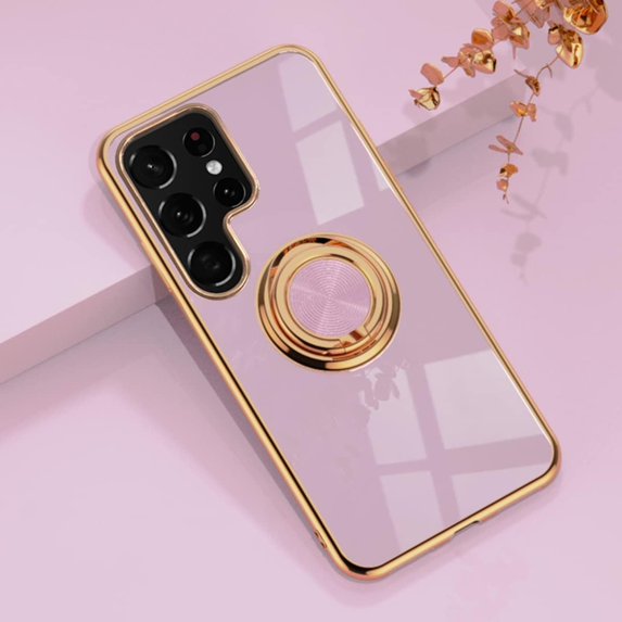 for Galaxy S22 Ultra Case with Ring, Built-in Rotation Finger Ring Kickstand Cover with Shiny Plating Rose Gold Edge Work with Magnetic Car Mount Slim Thin Bumper Case for Women Girls Purple