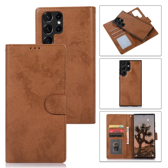TECH CIRCLE For Samsung Galaxy S22 Ultra 6.8" Case, 2-in-1 Detachable Magnetic Flip Wallet Case with Card Slots, Removable Inner Back Cover, PU Leather Protective Lightweight Slim Cover, Brown