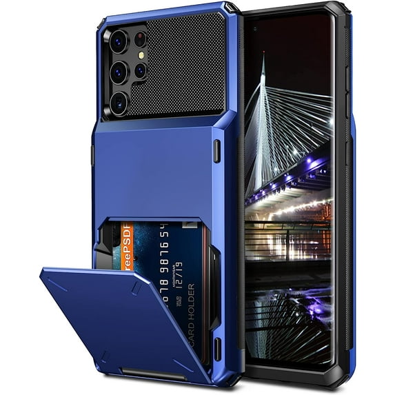 for Galaxy S22 Ultra Case Wallet Credit Card Holder 4-Card Slot Hidden Back Pocket Dual Layer Hybrid Rugged Rubber Bumper Protective Hard Shell Cover for Samsung Galaxy S22 Ultra 6.8" Navy