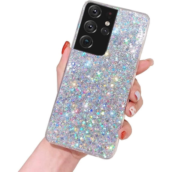 Galaxy S22 Ultra Glitter Case, Cute Sparkle Bling Shiny Slim Soft Reflective Clear TPU Rubber Bumper for Girl Women Protective Cover for Samsung Galaxy S22 Ultra (Silver)