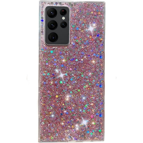 Galaxy S22 Ultra Glitter Case, Cute Sparkle Bling Shiny Slim Soft Reflective Clear TPU Rubber Bumper for Girl Women Protective Cover for Samsung Galaxy S22 Ultra (Pink)