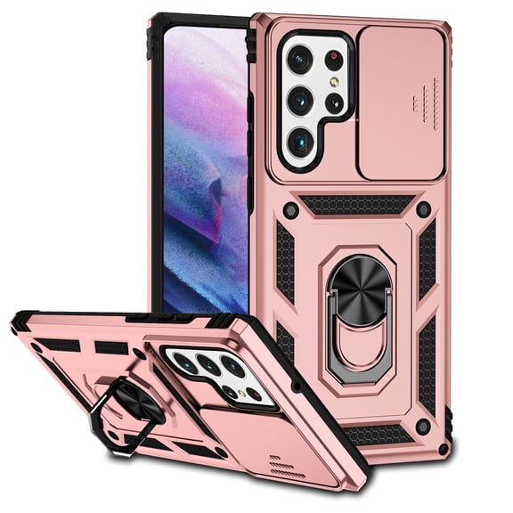 Galaxy S22 Ultra Kickstand Armor Case with Slide Camera Lens Protection Cover Built-in 360° Rotate Ring Holder Stand Magnetic Military Shockproof Phone Cover Case for Samsung Galaxy S22 Ultra,
Gold
