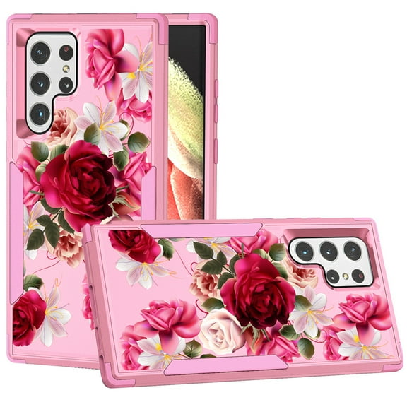 Galaxy S22 Ultra SM-S908U Case , [ Red Floral Rose ] Shockproof Heavy Duty Armor Protective Phone Cases Hard Rugged Bumper Cover for Samsung Galaxy S22 Ultra SM-S908U