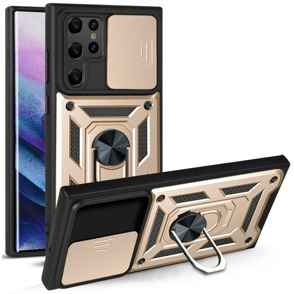 Galaxy S22 Ultra Slide Case with Kickstand Cover, Dteck Built-in 360 Rotate Ring Stand Magnetic Cover Case for Samsung Galaxy S22 Ultra 6.8 inch 5G 2022 Released,Gold